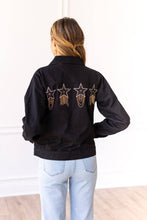 Load image into Gallery viewer, Western Cosmic Cowgirl Denim Jacket: Black / Small