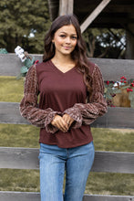 Load image into Gallery viewer, Brown Top With Burnout Velvet Sleeves: Brown / Large
