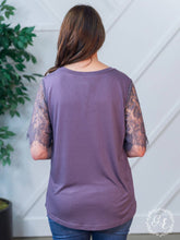 Load image into Gallery viewer, Montana Moon V-Neck Lace Short Sleeve Top in Charcoal Purple: Purple / 3X-Large