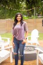 Load image into Gallery viewer, Montana Moon V-Neck Lace Short Sleeve Top in Charcoal Purple: Purple / 3X-Large