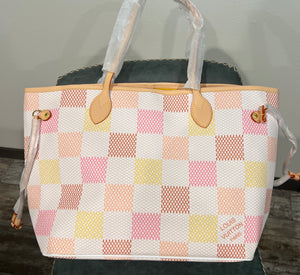 Fashion Leather trim tote , travel bag, handbag colorful Checks