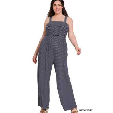 PLUS SMOCKED TOP STRIPED JUMPSUIT: NAVY/IVORY