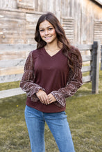 Load image into Gallery viewer, Brown Top With Burnout Velvet Sleeves: Brown / Large