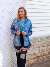 Load image into Gallery viewer, Sparkles and Spurs Denim Button Down with Rhinestone Fringe: Blue
