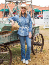 Load image into Gallery viewer, Sparkles and Spurs Denim Button Down with Rhinestone Fringe: Blue