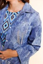 Load image into Gallery viewer, Sparkles and Spurs Denim Button Down with Rhinestone Fringe: Blue