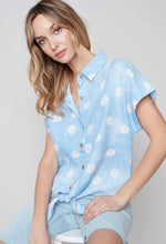 Load image into Gallery viewer, Charlie B Daisy Print Linen Front-Tie Top - Cerulean
