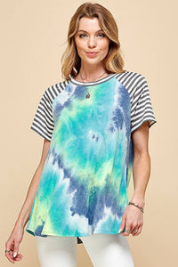 WOMEN TIE DYE COLOR BLOCK ROUND NECK T-SHIRT AQUA OR FUCHSIA