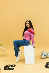 Vintage Vibes Pink Quarter Zip Sweater: Pink / X-Small