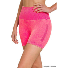 Load image into Gallery viewer, STONE WASHED SEAMLESS HIGH WAISTED SHORTS: N CORAL FUCHSIA / L/XL