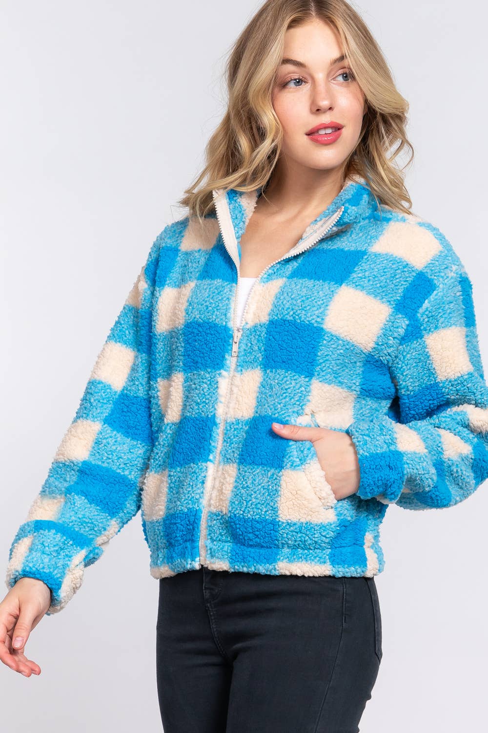 Faux fur Jacket: BLU-blue