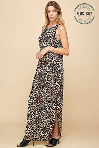 PLUS LEOPARD SLEEVELESS MAXI SLIT DRESS: BROWN COMBO