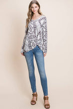 Load image into Gallery viewer, AZTEC PRINT SIDE TWIST WAFFLE TOP: Ivory/Grey
