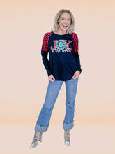 Load image into Gallery viewer, Buc-ee&#39;s Joy to the World on Black Long Sleeve &amp; Plaid Shoulders: Black / Small