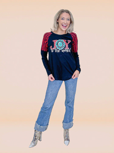 Buc-ee's Joy to the World on Black Long Sleeve & Plaid Shoulders: Black / Small