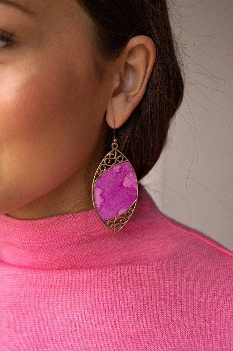 Gold Scroll and Fuchsia Drop Earrings: Fuchsia / One Size
