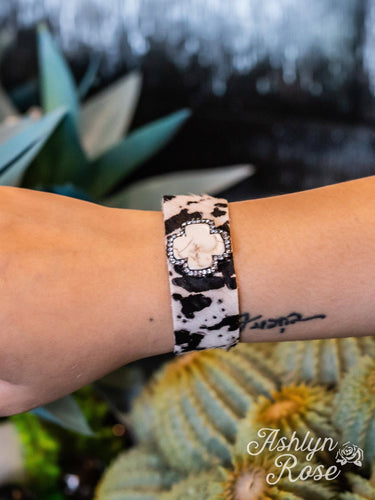 Cowboy Don't Cross Me Black And White Suede Cuff Button Bracelet With A White Cross Stone: Cowhide / One Size