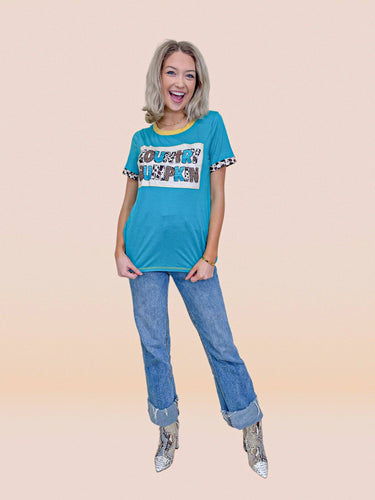 Country Bumpkin Patch Turquoise Ringer Tee: Turquoise