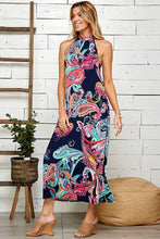 Load image into Gallery viewer, WOMEN PAISLEY SLEEVELESS MOCK NECK MAXI DRESS: NAVY COMBO