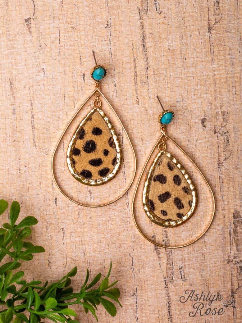 LITTLE DOLLY, LITTLE BETH LEOPARD DOUBLE TEARDROP STUD EARRINGS: Light Brown / One Size