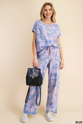 TIE DYE LONG SLEEVE TOP AND WIDE LEG PANTS SET: BLUE