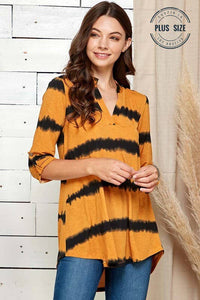 PLUS TIE DYE BAND COLLAR ROLL UP SLEEVE TUNIC: MUSTARD COMBO