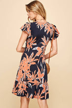 Load image into Gallery viewer, WOMEN FLORAL PRINT V NECK SUMMER DRESS WITH RUFFLE: ORANGE/NAVY