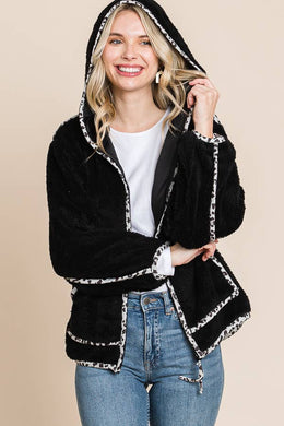 Hoodie Contrast Binding Faux Fur Solid Jacket: BLACK