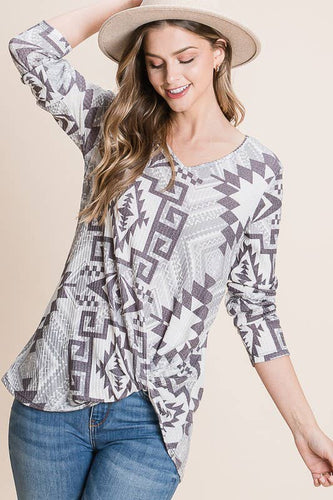 AZTEC PRINT SIDE TWIST WAFFLE TOP: Ivory/Grey