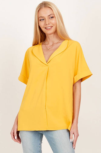 WOMEN SOLID COLLARED SHORT SLEEVE LOOSE BOXY TOP: Gold