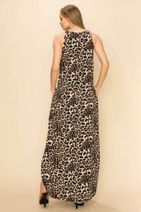 WOMEN LEOPARD SLEEVELESS MAXI SLIT DRESS: BROWN COMBO