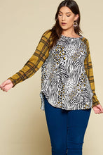 Load image into Gallery viewer, Plus Size Animal Print Casual Top with Plaid: Ivory/Mustard