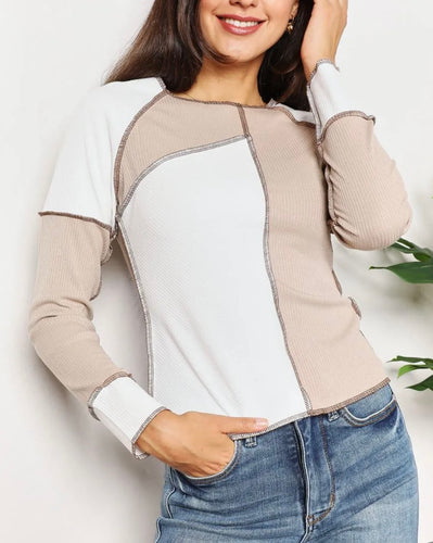 Color Block exposed seam ribbed top