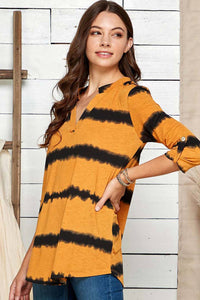PLUS TIE DYE BAND COLLAR ROLL UP SLEEVE TUNIC: MUSTARD COMBO