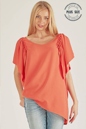PLUS SOLID SHORT RUFFLE SLEEVE LOOSE FITTING TOP : CORAL