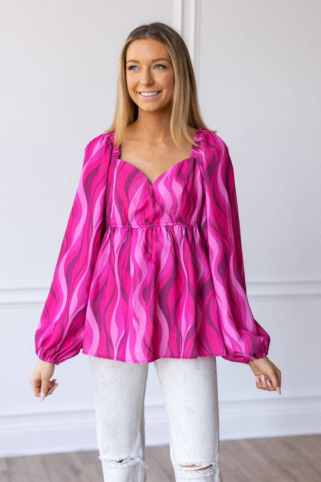 Flirty in Fuchsia Balloon-Sleeve Blouse: Fuchsia / 2X-Large