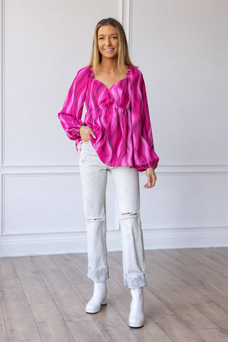 Flirty in Fuchsia Balloon-Sleeve Blouse: Fuchsia / 2X-Large