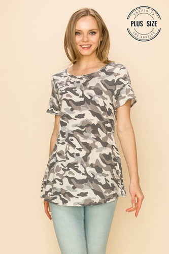 PLUS SIZE CAMOUFLAGE ROUND NECK T-SHIRT : BEIGE SILVER COMBO