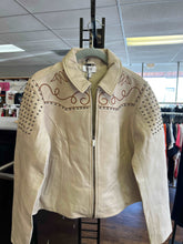 Load image into Gallery viewer, Myra Bag Beige Embroidered Studded LEATHER JACKET Size L