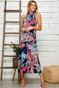 WOMEN PAISLEY SLEEVELESS MOCK NECK MAXI DRESS: NAVY COMBO