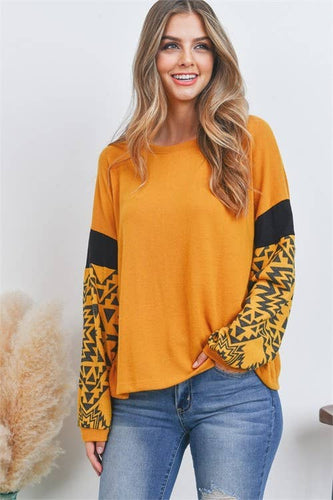 AZTEC PRINT COLOR BLOCK HACCI TOP: Mustard