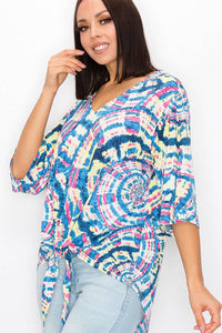 WOMEN TIE DYE 3/4 SLEEVE T-SHIRT w FRONT TIE : Multi-Colored