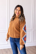 Load image into Gallery viewer, Terracotta Horizon Aztec Sleeve Sweater: Tan / X-Small