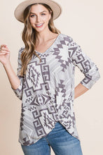 Load image into Gallery viewer, AZTEC PRINT SIDE TWIST WAFFLE TOP: Ivory/Grey