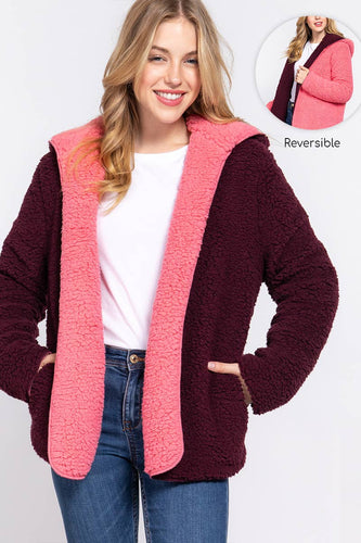 HOODIE FAUX FUR REVERSIBLE JACKET: BRG-burgundy/pink-