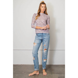 Stylish slim-fitting long sleeve mock neckline tee: MAUVE MIX / M