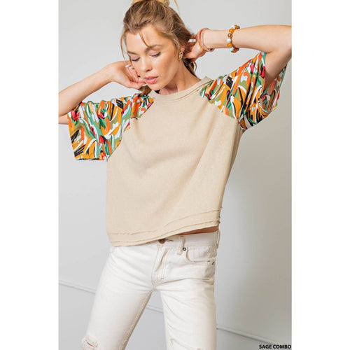 WOOVEN CONTRAST TOP: SAGE COMBO / S