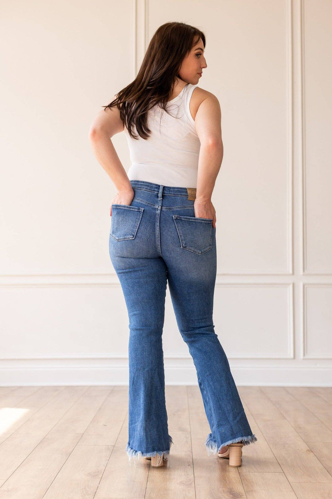 The Hannah Medium Wash Shark Bite Flares: Blue / 0