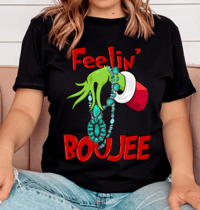 Punchy Grinch Feelin Boujee:  Christmas Tee   Black