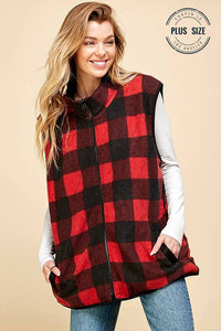 PLUS SIZE REVERSIBLE PLAID ZIP UP POCKET VEST: BLACK/RED